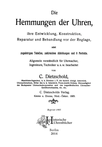 Die Hemmungen der Uhren (Buch von Curt Dietzschold)