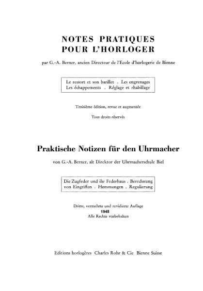 Praktische Notizen f�r den Uhrmacher/NOTES PRATIQUES POUR L'HORLOGER (Buch von Berner)