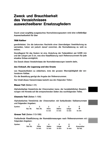 G�N�RALE RESSORTS – Verzeichnis auswechselbarer Aufzugsfedern f�r �ber 7.500 Uhrkaliber
